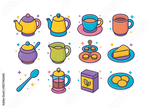 Colorful Tea and Coffee Icons. Tea and coffee service setting. Colorful isometric vector icons set of tea and coffee service setting: teapot, coffee pot, tea