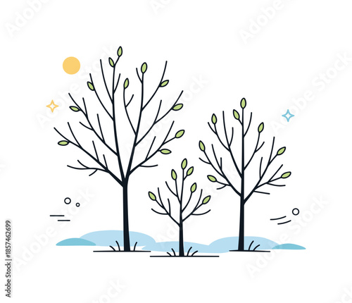 Spring Awakening. Bare Trees with First Buds. Minimal spring landscape with leafless trees and small buds breaking through, surrounded by light air and space.