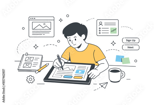 Minimalist UI Design. Product design. Designer working on wireframes and UI screens on a tablet, shaping the future product. Clean and thoughtful atmosphere