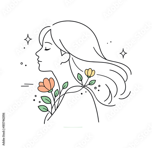 Floral Elegance. Women with Flowers Line Art. Side-profile woman with flowing hair, simple floral stems intertwined with the silhouette. Quiet editorial scene