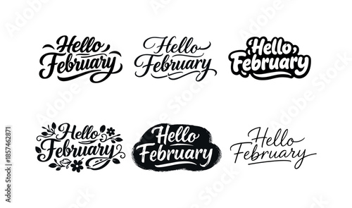 February Lettering Styles. Hello February. Set lettering. harmonious lettering variations of the same emblematic concept, each with different