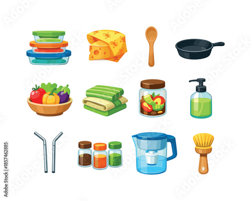 Eco Kitchen Icons. Eco Kitchen. Colorful flat vector icons set of Eco Kitchen: glass food containers, beeswax wrap, wooden spoon, cast iron pan, produce bowl,