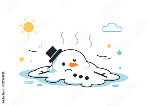 Melting Snowman Illustration. Snowman melting illustration. Minimal snowman slowly melting with soft puddles and gentle motion lines, expressing seasonal