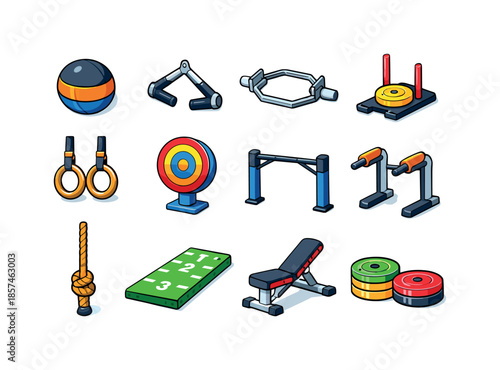 Functional Fitness Icons. Functional fitness. Colorful isometric vector icons set of functional fitness: slam ball, rowing handle, trap bar, sled push, gym