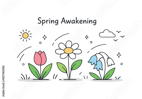 Spring's Gentle Bloom. Spring awakening preview. Flowers partially blooming with gentle motion lines suggesting growth and warmth. Soft, hopeful atmosphere of