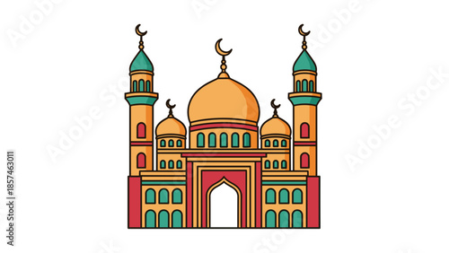 Colorful Mosque Illustration with Domes and Minarets.