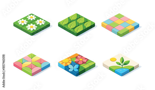 Spring Pattern Tiles. Pattern Tiles Spring Theme. Isometric flat vector icons set of Pattern Tiles Spring Theme: daisy repeat tile, leaf vein tile, pastel