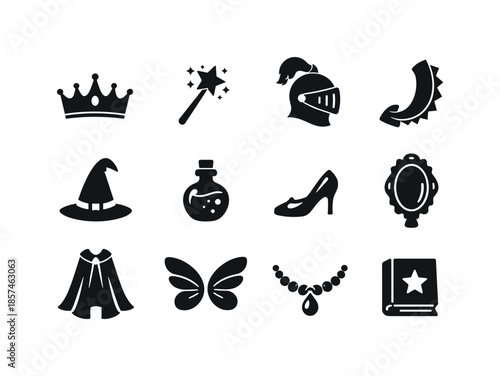 Fairy Tale Icons. Fairy tale costumes. Solid icon set of fairy tale costumes: princess crown, magic wand, knight helmet, dragon tail, wizard hat, potion vial,