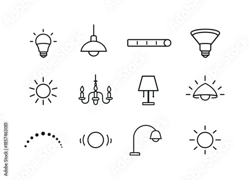 Mood Lighting Icons. Creating mood lighting with a dimmer. Line icon set of creating mood lighting with a dimmer: dimmable LED bulb, hanging fixture outline,