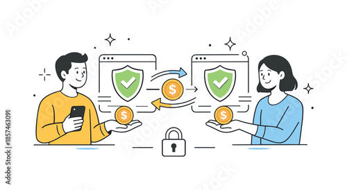 Secure Money Exchange. Secure digital transactions. Two characters exchanging money icons through a protected interface with shield symbols. The scene conveys