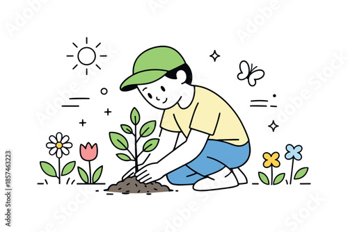Planting a Future. Eco spring concept. A character gently planting a young tree with fresh leaves and flowers around. Calm, optimistic mood of sustainability