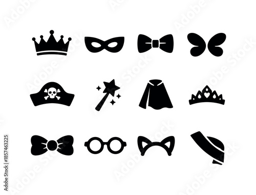 Birthday Party Icons. Kids at a birthday party. Solid icon set of costumes & dress-up: crown, superhero mask, bow tie, fairy wings, pirate hat, wand star,