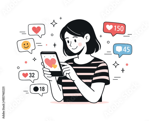 Heart-Themed Campaign. Romantic social media promotion. Person posting a heart-themed campaign on a phone with likes and comments appearing softly around.