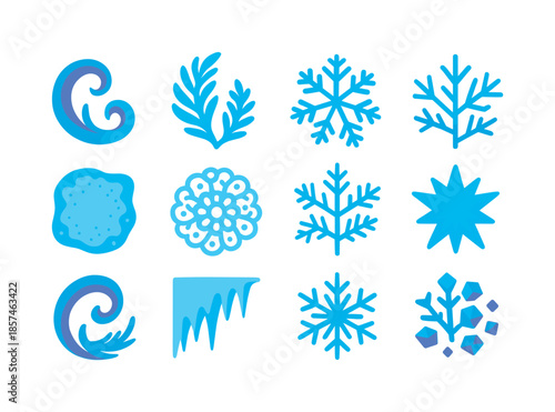 Colorful Frost Icon Set. Frost patterns. Colorful flat vector icons set of frost patterns: window frost swirl, icy fern pattern, snowflake cluster, crystalline