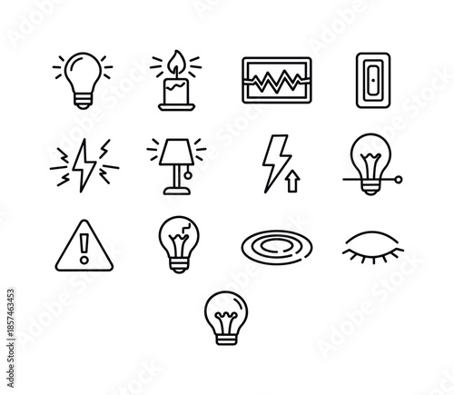Flicker Icon Set. Flicker. Line icon set of Flicker: blinking light bulb, flickering candle, unstable neon sign, light switch toggle, electrical spark, faulty