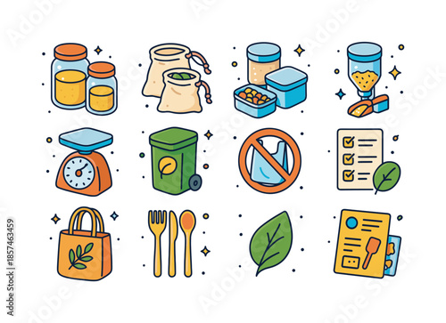 Zero-Waste Icons Set. Zero-waste grocery planning. Colorful isometric vector icons set of zero-waste grocery planning: glass jars for bulk, cloth produce bags,