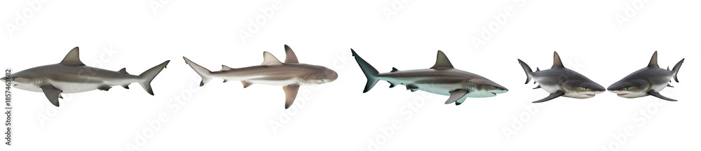 Fototapeta premium Collection of various realistic gray reef sharks swimming dynamically in different poses isolated on transparent background