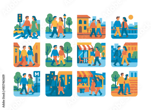 Colorful City Walking Icons. City walking scenes. Colorful flat vector icons set of city walking scenes: crosswalk stroll, boulevard walk, rooftop pathway,
