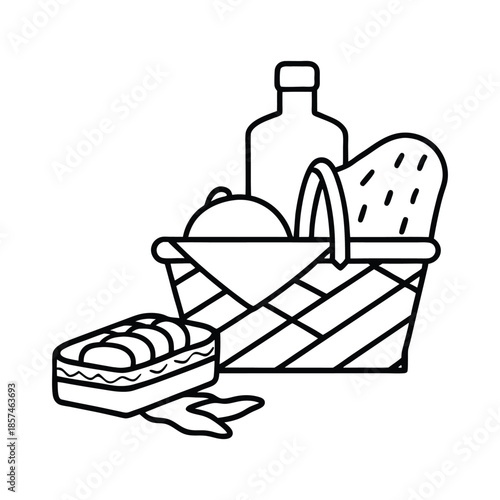 Basket of Food Items Including Bread and Bottle