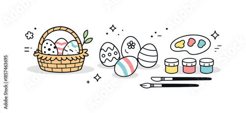Easter Preparations Scene. Easter preparation elements / early Easter. A calm editorial scene with decorated eggs, paint brushes, and a small basket laid out