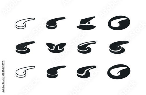 Faucet Handle Icons. sink faucet handle. Icon set. Set Logo of sink faucet handle: single lever handle. harmonious logo variations of the same emblematic