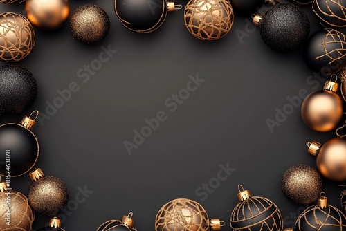Elegant matte black and gold ornaments arranged on dark surface create festive atmosphere for holidays