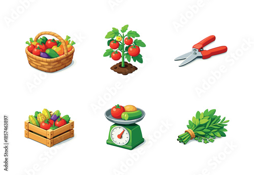Garden Harvest Icons. Garden Harvest. Isometric flat vector icons set of Garden Harvest: vegetable basket, ripe tomato plant, harvest scissors, produce crate,