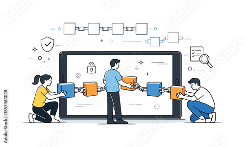 Blockchain Connection Illustration. Blockchain technology concept. People connecting blocks on a shared digital chain displayed on a tablet. Sense of