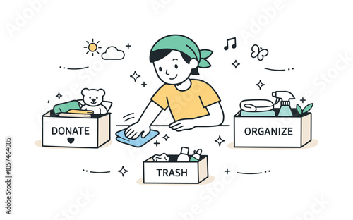 Spring Cleaning Bliss. Spring cleaning routine. A friendly character wiping surfaces and sorting items into simple boxes, with gentle motion lines and sparkles