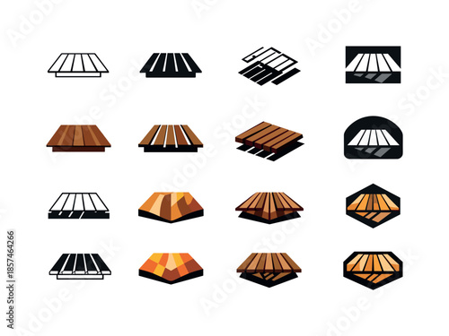 Wooden Deck Icon Set. A wooden deck. Icon set. Set Logo of a wooden deck: deck shadow pattern. harmonious logo variations of the same emblematic concept, each