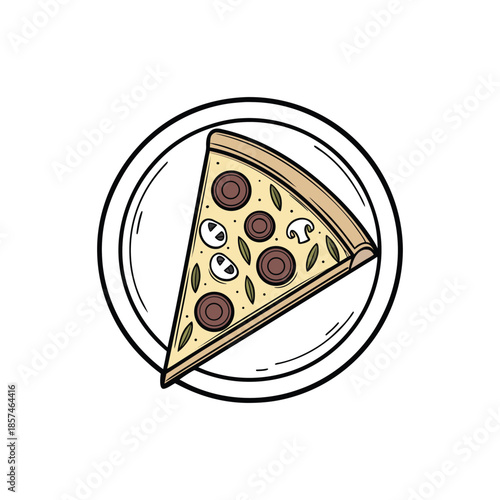 Illustrated slice of pizza on a white plate