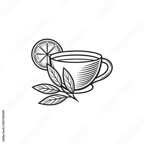 Illustrated tea cup with lemon slice and mint leaves
