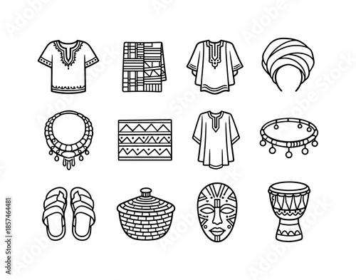 African Cultural Icon Set. African cultural clothing. Line icon set of African cultural clothing: dashiki, kente wrap, agbada, gele headwrap, beaded necklace,