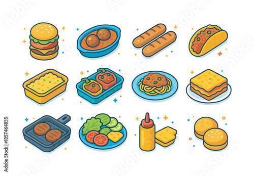 Plant-Based Dishes Icons. Plant-based meat dishes. Colorful isometric vector icons set of Plant-based meat dishes: veggie burger stack, meatless meatballs in
