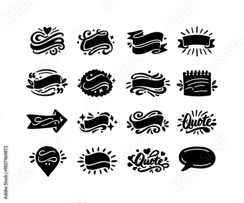 Calligraphy Icon Grid. Calligraphy Quotes. Solid icon set of Calligraphy Quotes: inspirational quote lettering, motivational phrase art, hand lettered saying,