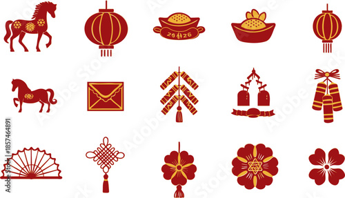 Chinese New Year 2026 Year of the Horse Ornament Paper Cut Vector Set