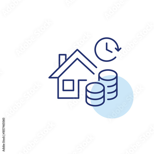 House, money stack and clock. Scheduled home maintenance and repairs. Mortgage or rent deadlines. Pixel perfect, editable stroke vector icon