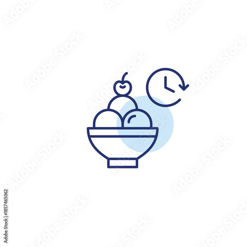 Ice cream scoops in a bowl and clock. Frozen food shelf life. Coffee shop working hours. Pixel perfect, editable stroke vector icon
