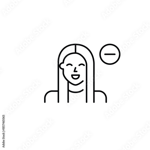 Young woman and minus. Remove user, delete avatar. Reduce profile access. Pixel perfect, editable stroke vector icon