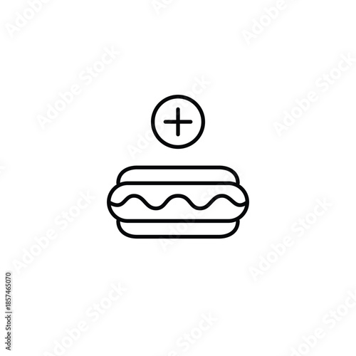 Hot dog in a bun and plus symbol. Add ingredients to fast food. Pixel perfect, editable stroke vector icon