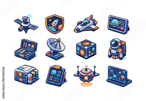 Galactic Research Icons. Galactic research missions. Colorful isometric vector icons set of galactic research missions: star probes, mission badges, transport