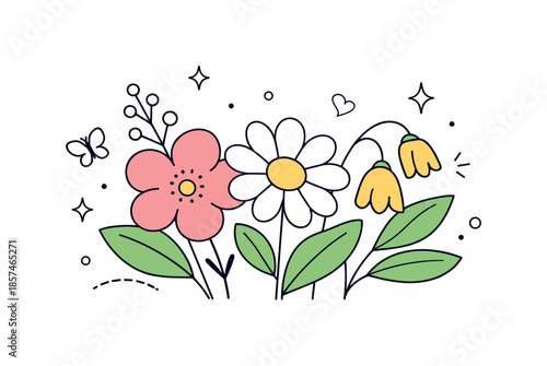 Spring Floral Harmony. Spring flowers illustration concept. Minimal editorial floral scene with blossoms and leaves as the main focus, soft harmonious colors