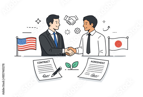Cross-Border Business Partnership. Cross-border partnerships. Two business partners shaking hands with national flags and contract documents nearby. Trust,