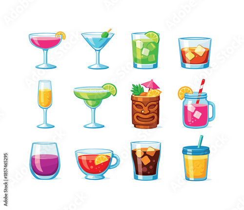 Colorful Party Glassware Icons. Party Glassware. Colorful flat vector icons set of Party Glassware: cocktail coupe, martini glass, highball glass, rocks glass,
