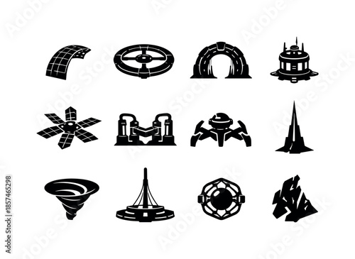 Cosmic Megastructure Icons. Alien megastructures. Solid icon set of cosmic engineering wonders: dyson sphere segment, orbital ring hub, stargate