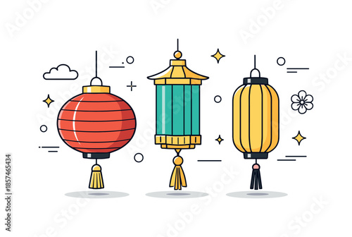 Festive Lantern Icons. Chinese New Year lanterns editorial illustration. Modern flat lantern icons with soft shadows and floating decorative