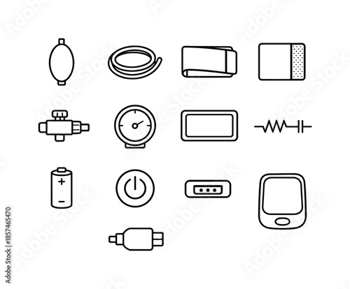 Medical Device Icons. Medical device components. Line icon set of medical device components: rubber bulb, tubing, cuff strap, Velcro patch, metal valve, gauge