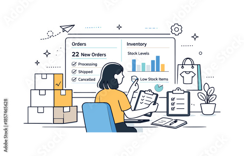 Streamlined Store Management. Online store management. A seller reviewing orders and inventory on a dashboard screen with charts and boxes around. Organized