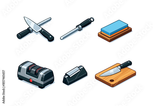 Knife Sharpening Tools. Knife sharpening. Isometric flat vector icons set of sharpening knives: chef?s knife, honing steel, whetstone, electric knife