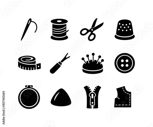 Textile Tools Icons. Hands-on job. Solid icon set of textile and sewing tools: sewing needle, thread spool, fabric scissors, thimble, measuring tape, seam